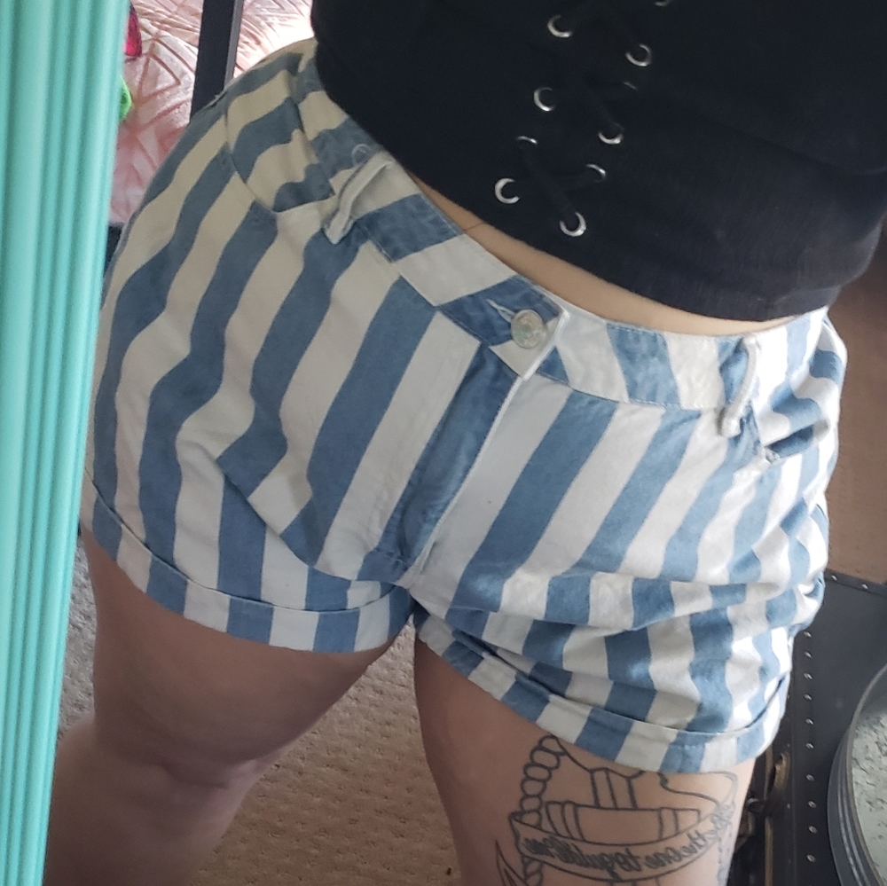 Blue and white striped denim shorts